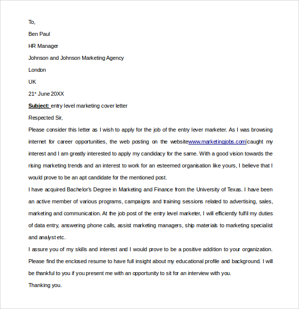 simple entry level marketing cover letter