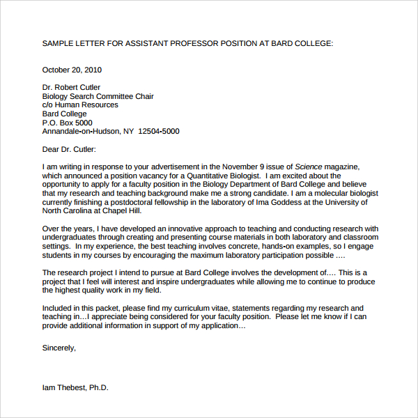 example faculty position cover letter