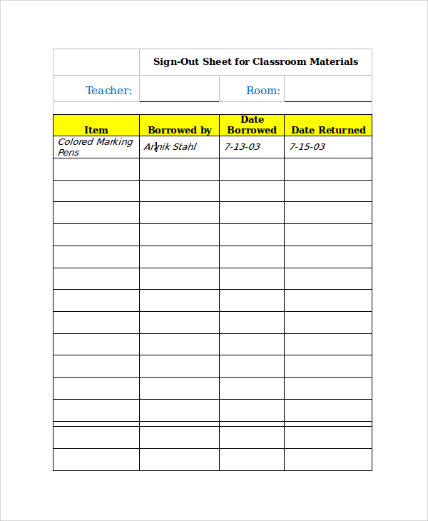 school management sign out sheet