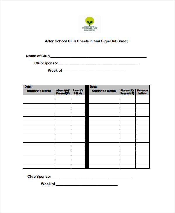 school club sign out sheet