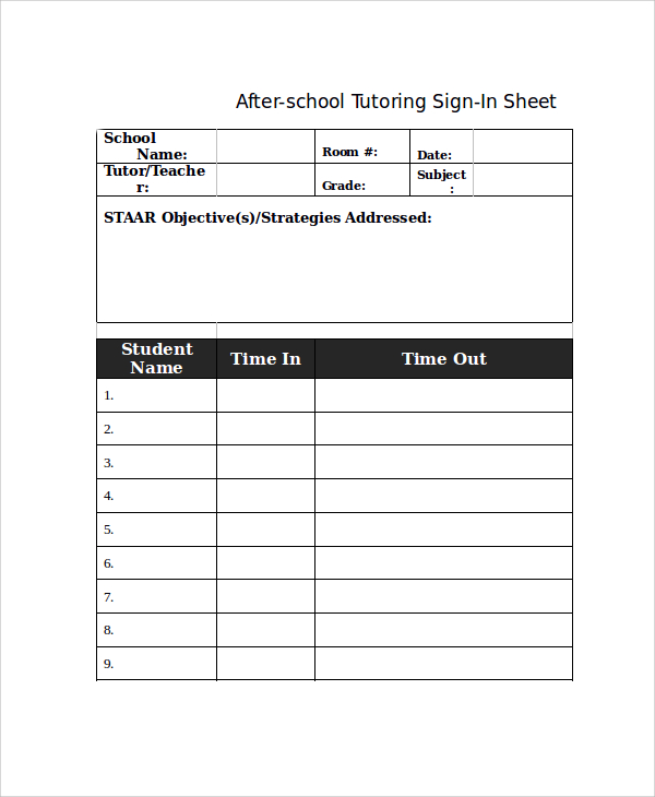 school tutoring sign in sheet