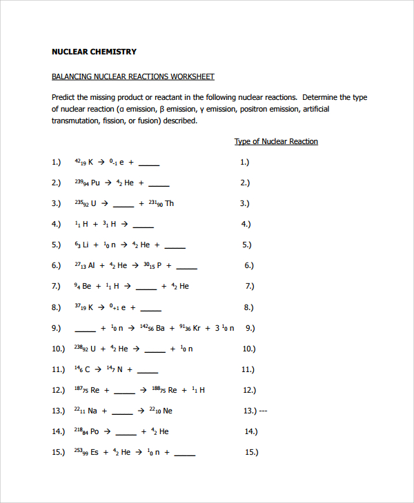 balancing nuclear equations worksheet