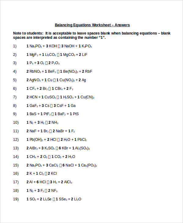 sample balancing equations worksheet