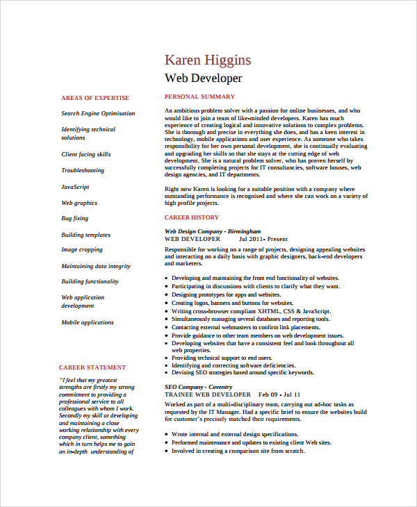 web developer experience resume