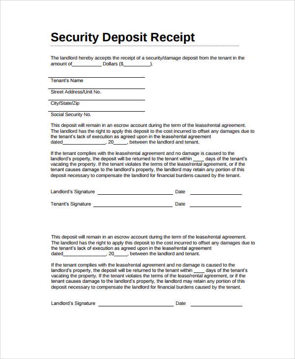 9 Security Deposit Receipt Templates Sample Templates