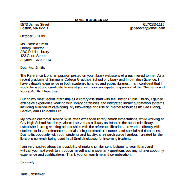 school librarian cover letter