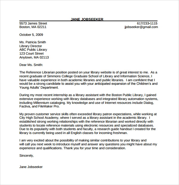 FREE 5+ Sample Librarian Cover Letter Templates in PDF | MS Word