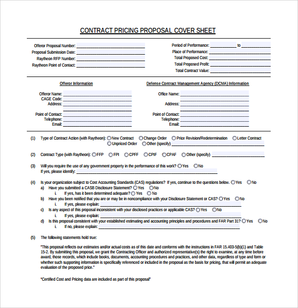 price proposal cover sheet