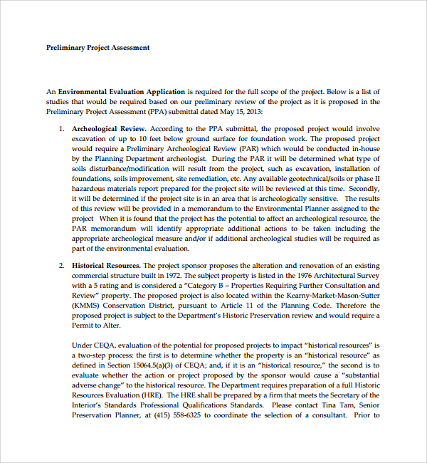 preliminary project assessment template