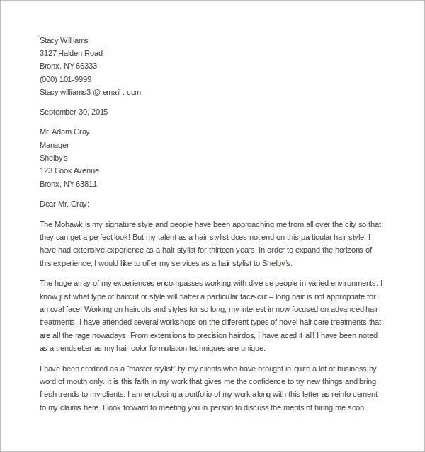 hairdressing cover letter examples