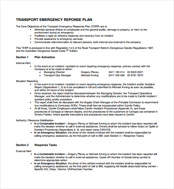 transport emergency response plan template