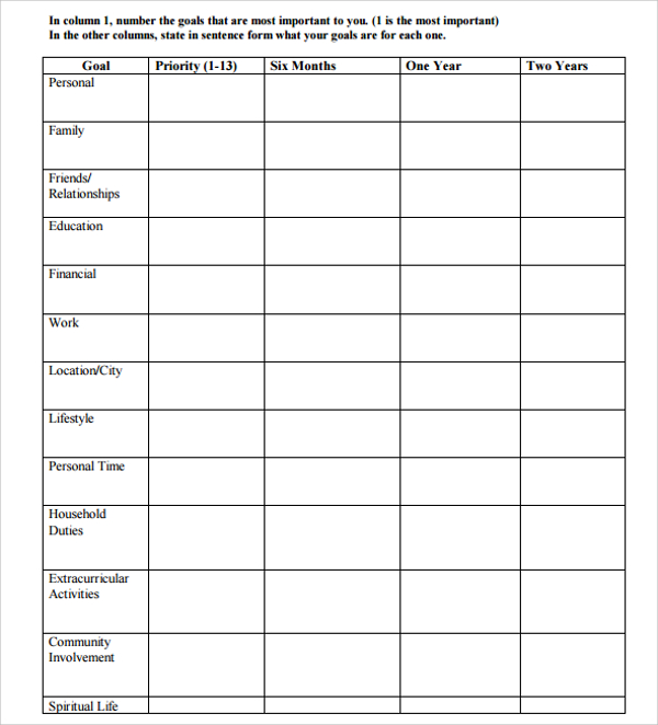 career goal planning template