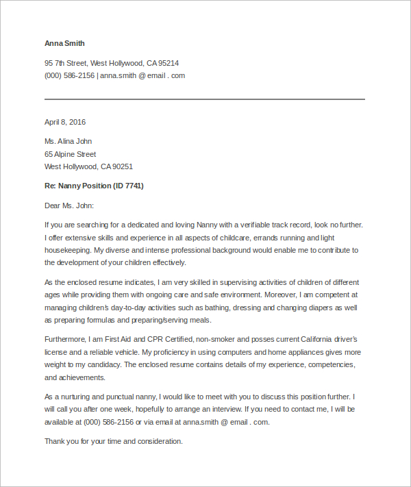 nanny job cover letter sample