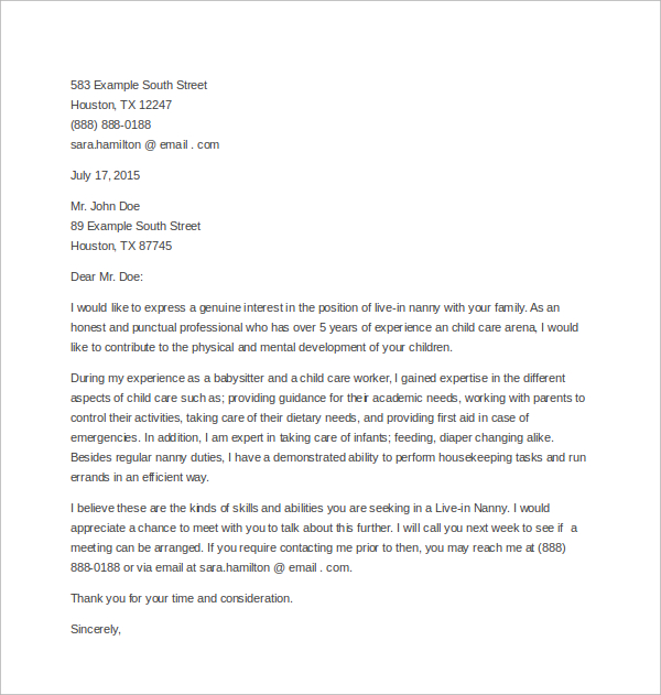 Free 3 Sample Nanny Cover Letter Templates In Ms Word Pdf
