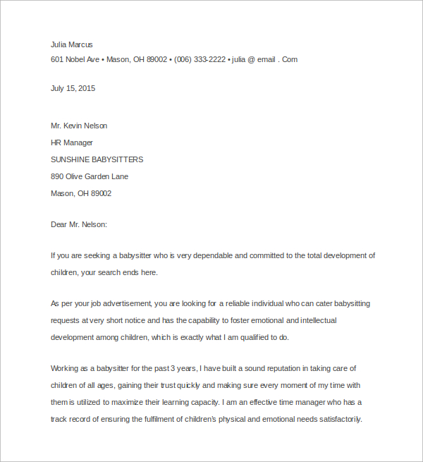 application letter for the position of nanny