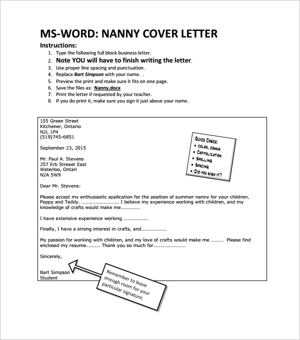 cover letter sample as nanny