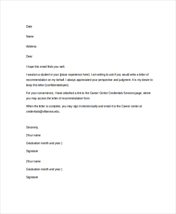 Email Letter of Recommendation Template