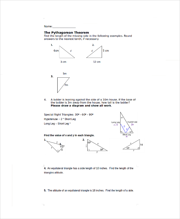 pythagorean theorem assignment worksheet2