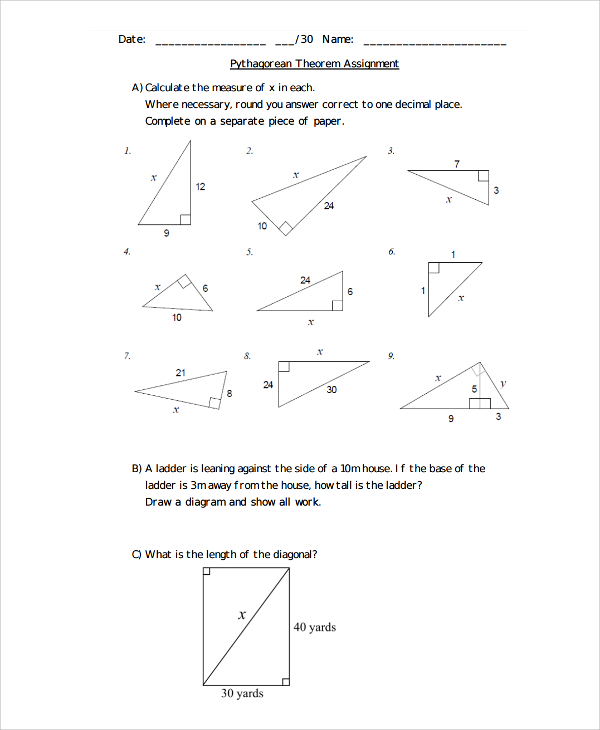 pythagorean theorem assignment worksheet3