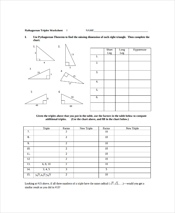 pythagorean theorem triples worksheet1