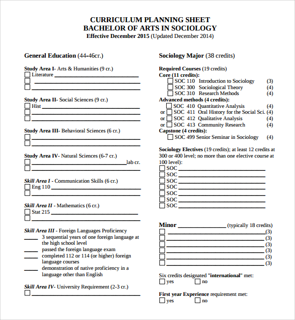 curriculum planning sheet template