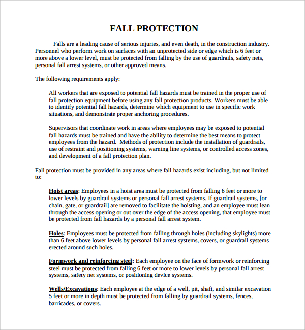 Free Fall Protection Plan Template