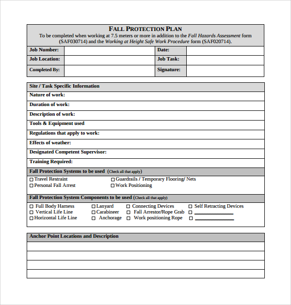 fall protection plan form template