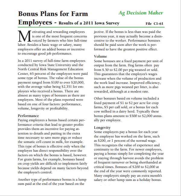 bonus plan for farm