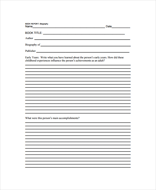 Book Report Template Middle School