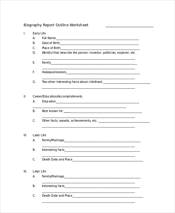 biography report outline worksheet