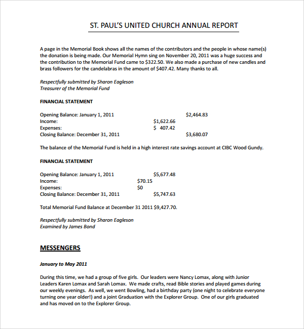 church annual financial report template