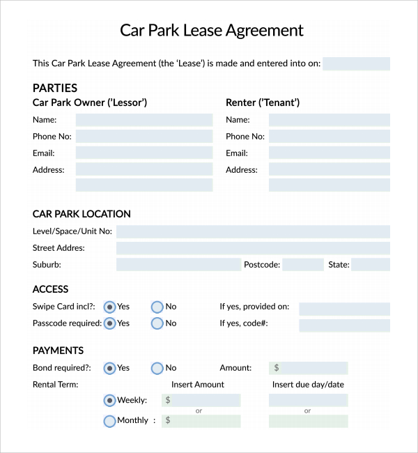 Car Parking Agreement Template