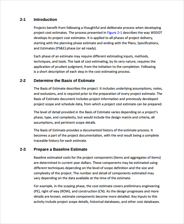 project work estimate template