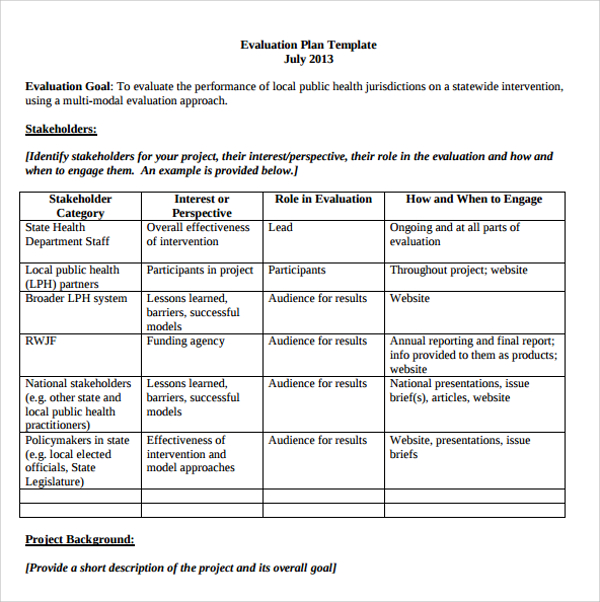 health evaluation plan template