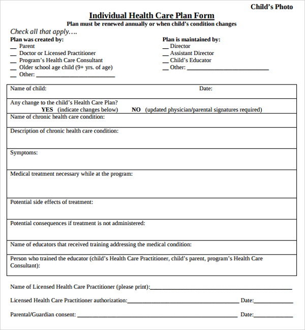 individual health care plan form template