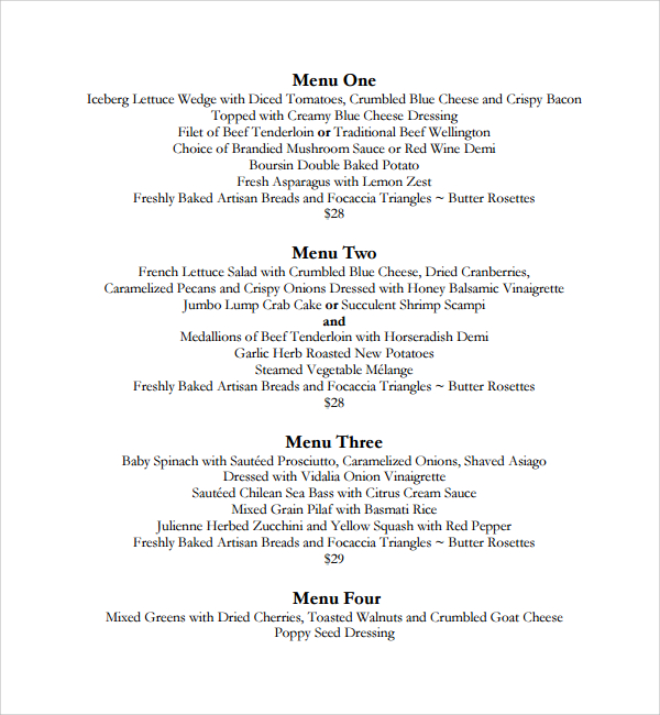 formal dinner menu template