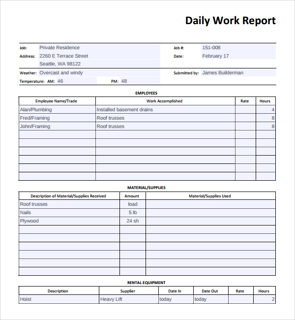 Daily Work Report Template