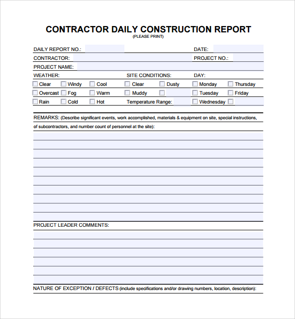 construction daily work report template