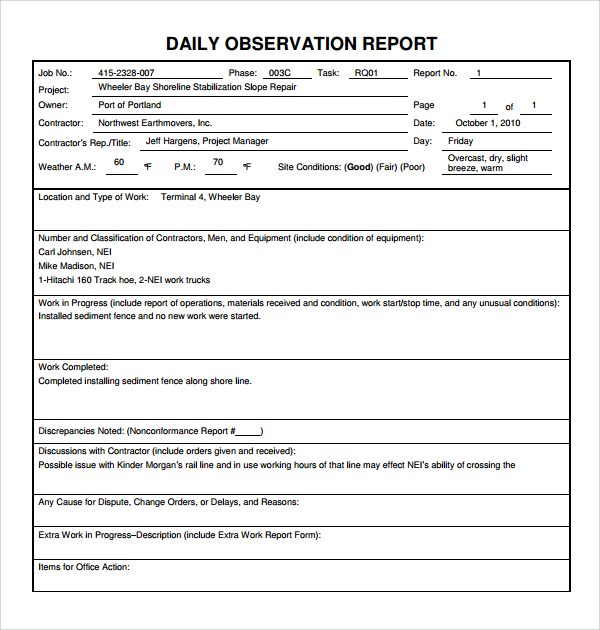 office daily work report template