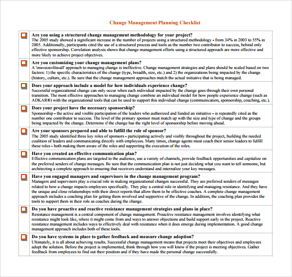 change management planning checklist
