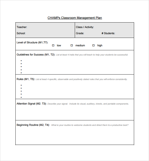 Classroom Management Plan Template Middle School