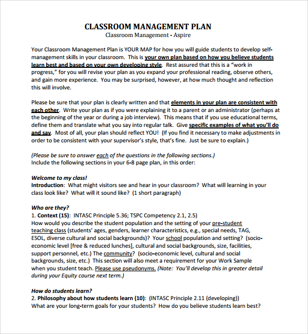 classroom management plan template pdf