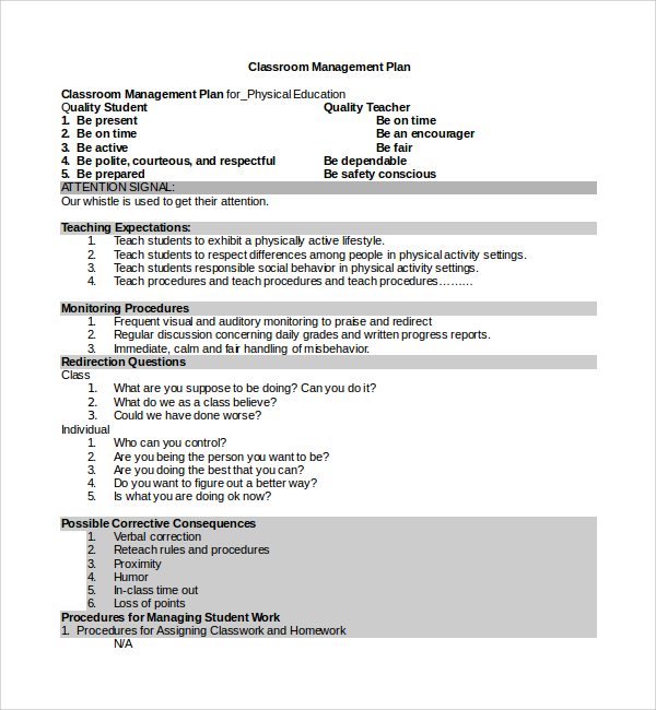 classroom management plan template doc