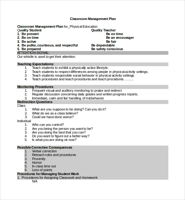 Classroom Management Plan Template