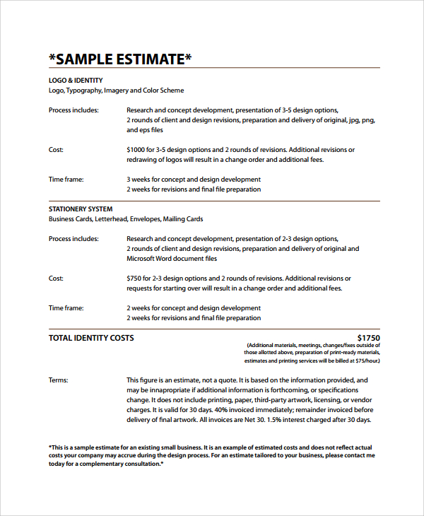 8  Business Estimate Templates Sample Templates