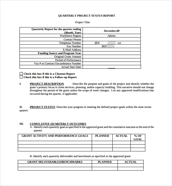 quarterly project status report template