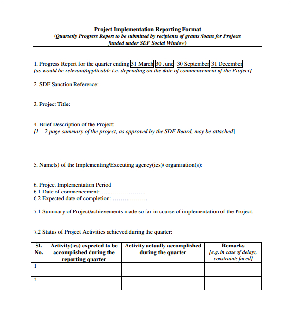 project quarterly implementation reporting format