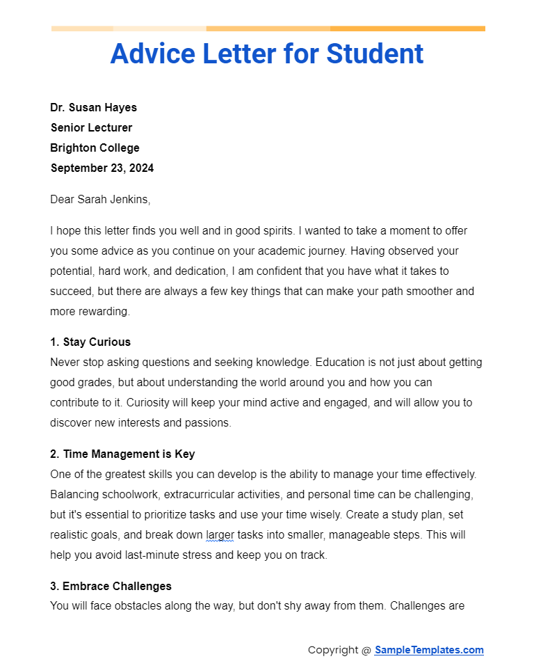 advice letter for student