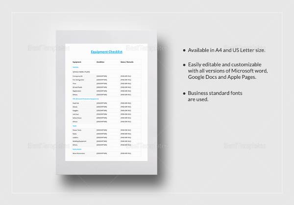 equipment checklist template