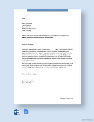 free delegation letter for bank template